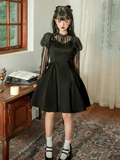 Black Waist Spaghetti Slim Straps Dress Fit Elegant