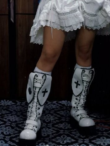 Bad Bunny Lace Trim Bunny Ears White PU Gothic Platform Boots