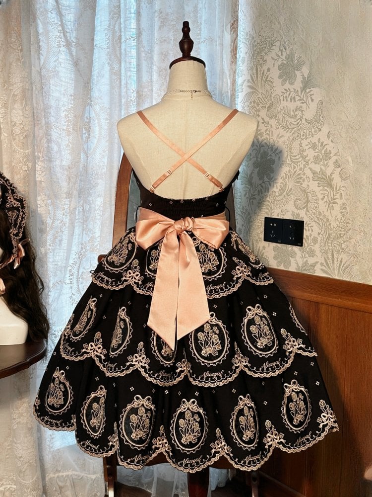 Tulip Scalloped Edge Tiered Skirt Black and Gold Elegant Lolita Backless Dress