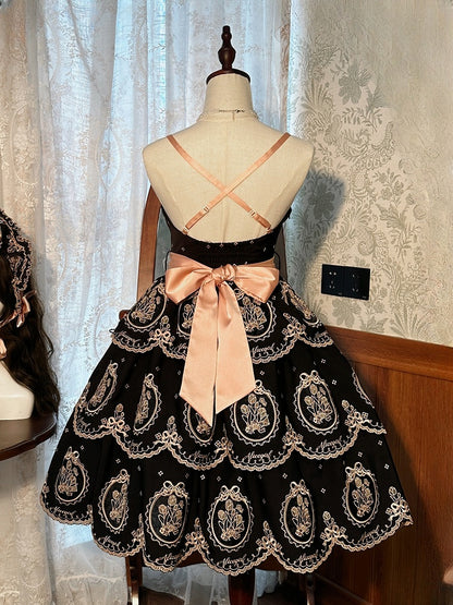 Embroidery Dress Skirt Lolita Elegant Scalloped Tiered Tulip Edge Backless and Black Gold