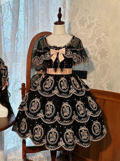 Embroidery Dress Skirt Lolita Elegant Scalloped Tiered Tulip Edge Backless and Black Gold