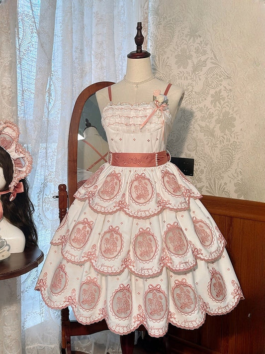 White Backless Pink Edge Scalloped Elegant Embroidery Lolita Tiered Dress Tulip Skirt and