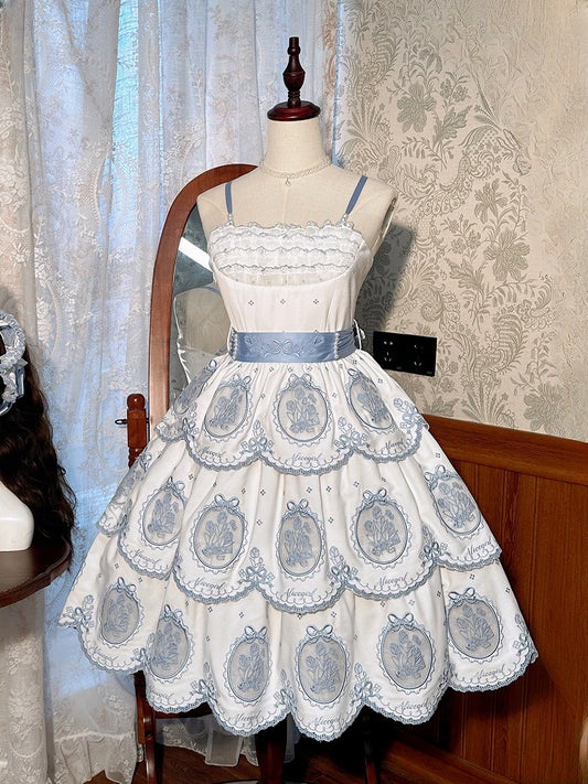 Scalloped Blue Skirt Lolita Edge White Backless Tulip and Dress Tiered Embroidery Elegant