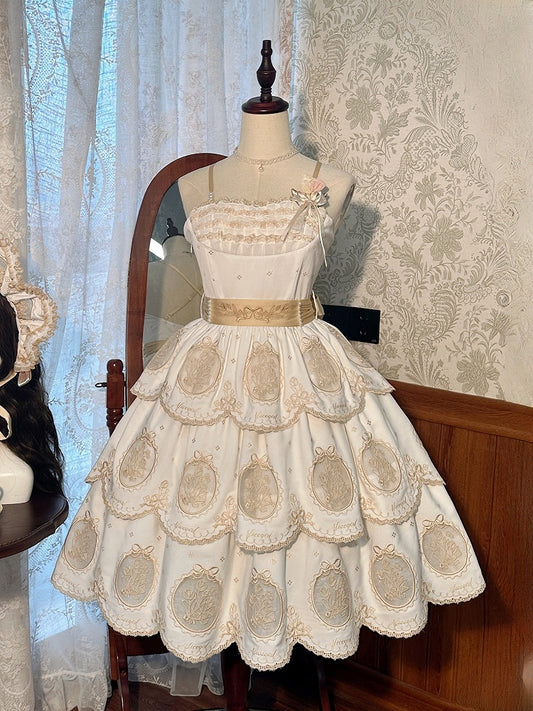 Edge Tulip and Tiered Gold Backless Elegant Scalloped White Skirt Dress Lolita Embroidery