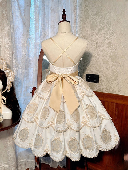 Edge Tulip and Tiered Gold Backless Elegant Scalloped White Skirt Dress Lolita Embroidery