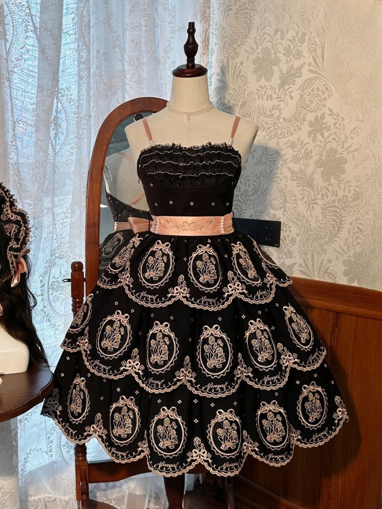 Tulip Scalloped Edge Tiered Skirt Black and Gold Elegant Lolita Backless Dress