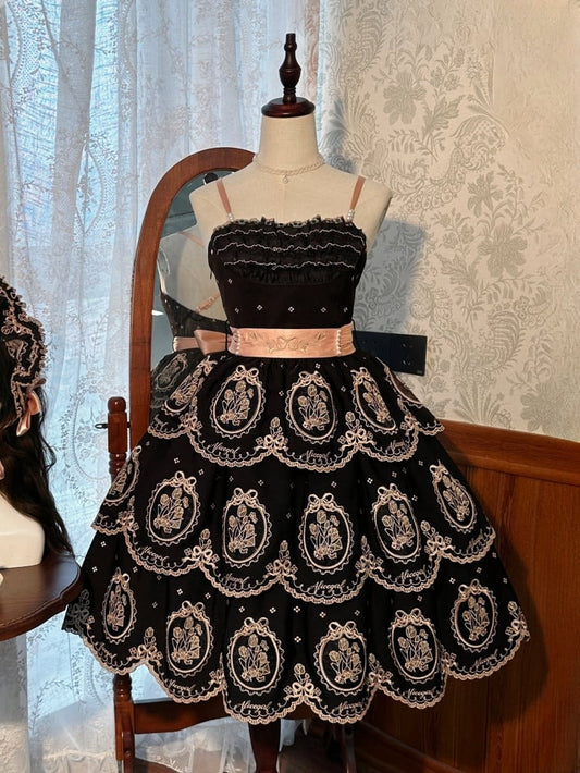 Tulip Scalloped Edge Tiered Skirt Black and Gold Elegant Lolita Backless Dress