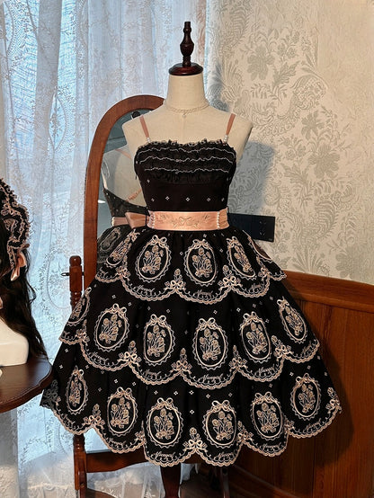 Embroidery Dress Skirt Lolita Elegant Scalloped Tiered Tulip Edge Backless and Black Gold