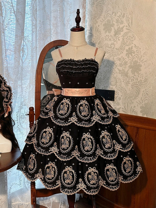 Embroidery Dress Skirt Lolita Elegant Scalloped Tiered Tulip Edge Backless and Black Gold
