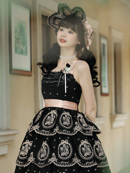 Embroidery Dress Skirt Lolita Elegant Scalloped Tiered Tulip Edge Backless and Black Gold