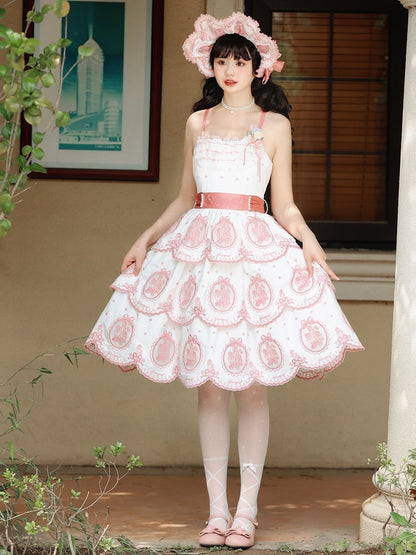 White Backless Pink Edge Scalloped Elegant Embroidery Lolita Tiered Dress Tulip Skirt and