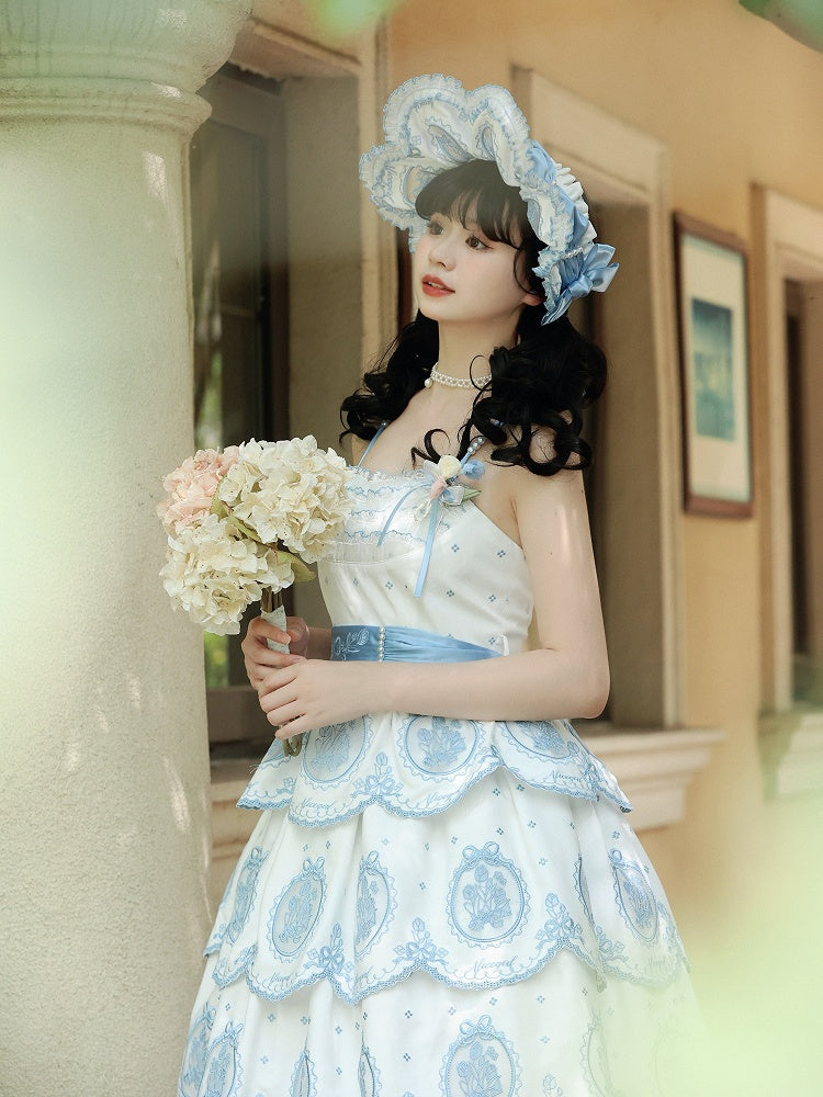 Scalloped Blue Skirt Lolita Edge White Backless Tulip and Dress Tiered Embroidery Elegant