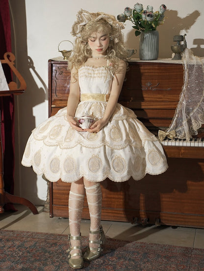Edge Tulip and Tiered Gold Backless Elegant Scalloped White Skirt Dress Lolita Embroidery