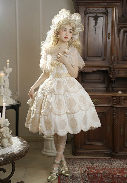 Edge Tulip and Tiered Gold Backless Elegant Scalloped White Skirt Dress Lolita Embroidery