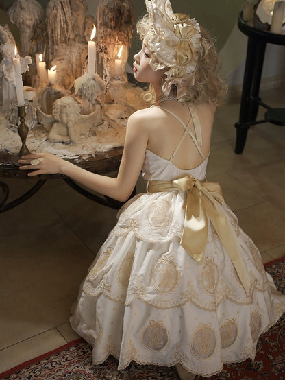 Edge Tulip and Tiered Gold Backless Elegant Scalloped White Skirt Dress Lolita Embroidery