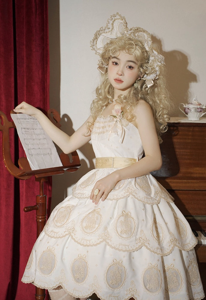 Edge Tulip and Tiered Gold Backless Elegant Scalloped White Skirt Dress Lolita Embroidery