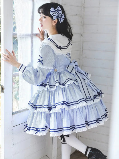 Sailor Striped OP Set Skirt Summer Full Lolita Pattern Dress Blue Tiered