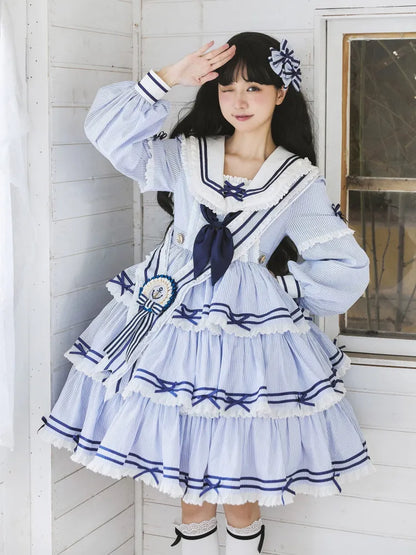 Sailor Striped OP Set Skirt Summer Full Lolita Pattern Dress Blue Tiered