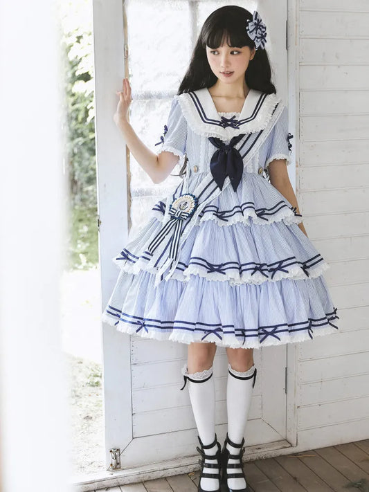 Sailor Striped OP Set Skirt Summer Full Lolita Pattern Dress Blue Tiered
