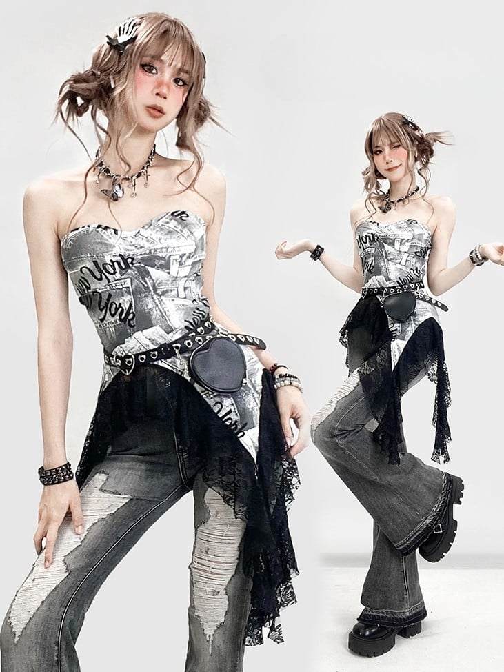 Print Lace Trim Bittersweet Hem Letter Top Asymmetrical Tube Gray