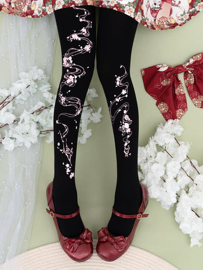 Black Sakura Print Wa Lolita  Tights