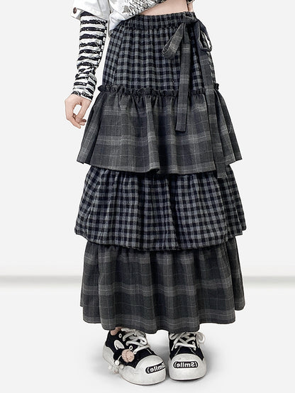 Self-tie Dark Strap Tiered Plaid Gray Pattern Skirt Bittersweet