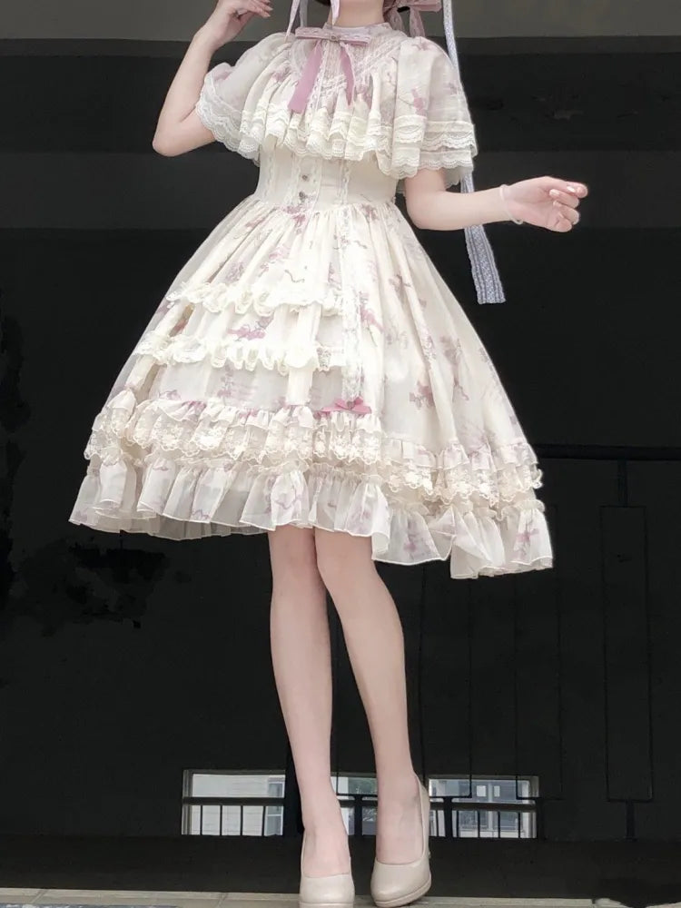Dress Lolita Classic Elegant Beige Bluebell Neck Floral Edward Print