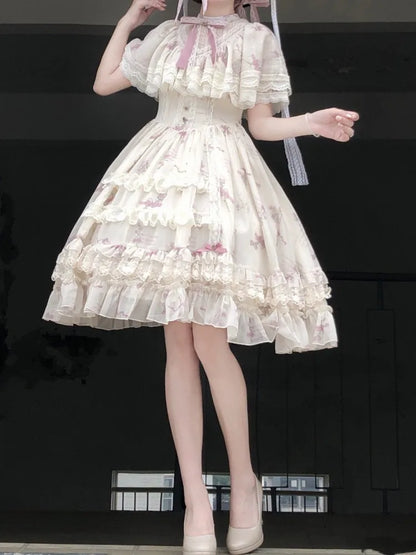 Dress Lolita Classic Elegant Beige Bluebell Neck Floral Edward Print