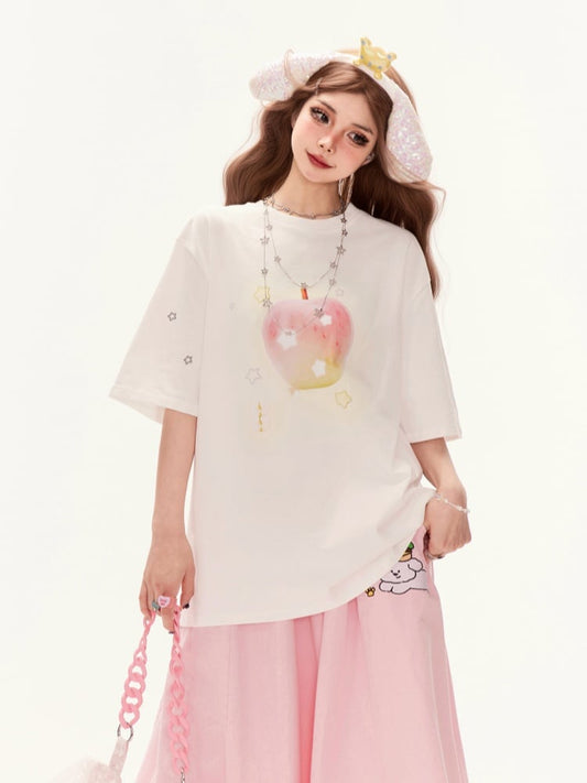 T-Shirt White Round Neck Adorable Apple Print Summer Loose