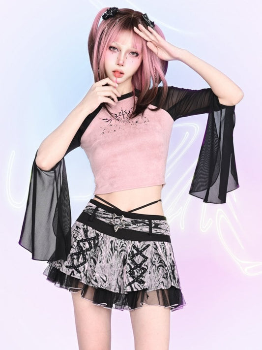 Y2K Thorns Black Tulle Sleeves Pink Top Outfit