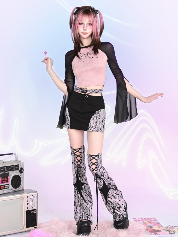 Y2K Thorns Black Tulle Sleeves Pink Top Outfit