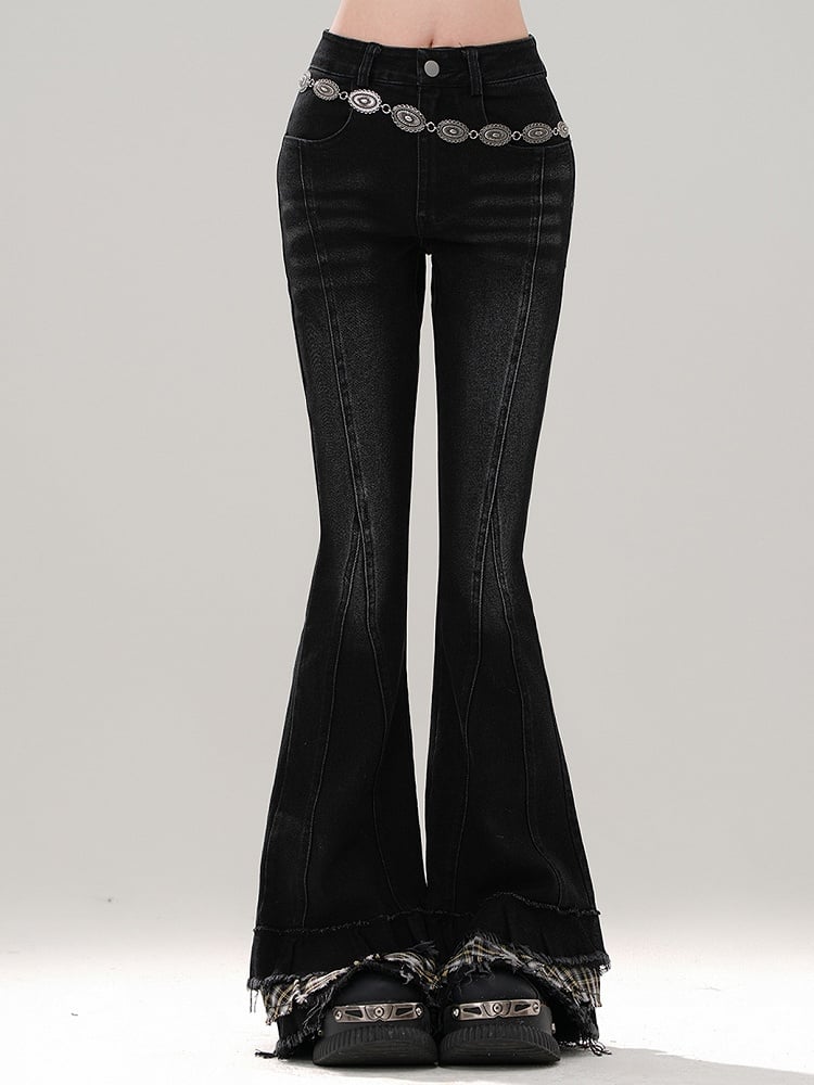 Black Plaid Patchwork Cuffs Fishtail Jeans