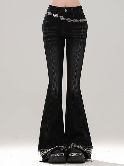 Black Plaid Patchwork Cuffs Fishtail Jeans