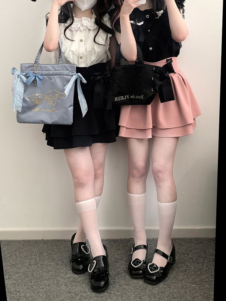 Ärmel Bow Kei und Flatter mit Krawatte Jirai Herzförmige Trim Bluse Schwarz/Weiß Flügelspitze