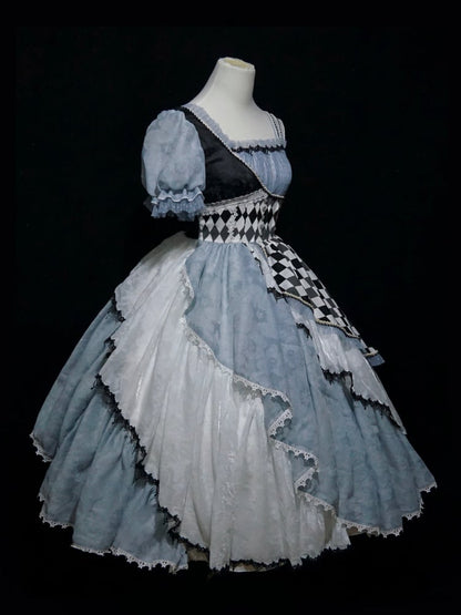 Blue Asymmetrical Design Checkerboard Pattern Lolita Dress Long Version