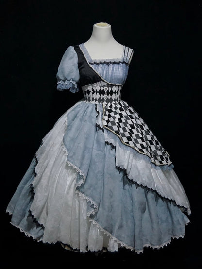 Blue Asymmetrical Design Checkerboard Pattern Lolita Dress Long Version