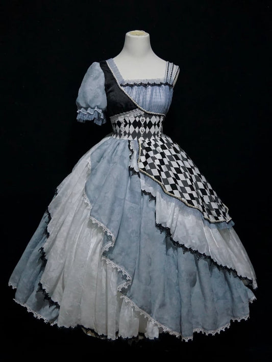 Blue Asymmetrical Design Checkerboard Pattern Lolita Dress Long Version