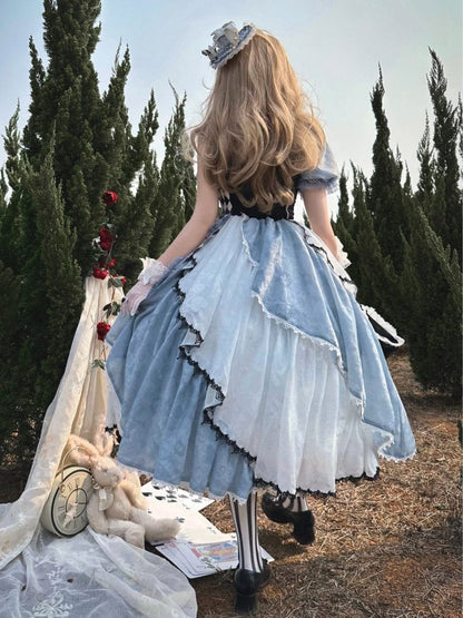 Blue Asymmetrical Design Checkerboard Pattern Lolita Dress Long Version