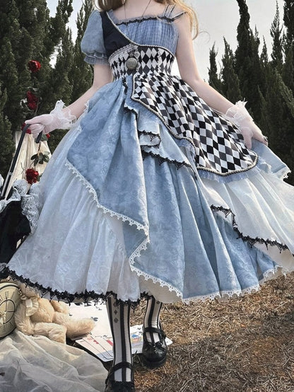 Blue Asymmetrical Design Checkerboard Pattern Lolita Dress Long Version