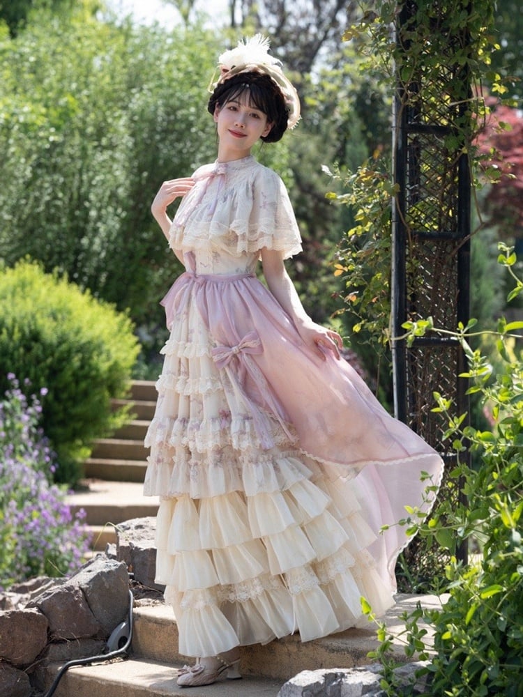 Set Classic OP Full Neck Beige Print Elegant Lolita Bluebell Edward Dress