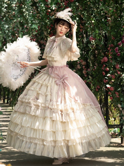 Set Classic OP Full Neck Beige Print Elegant Lolita Bluebell Edward Dress