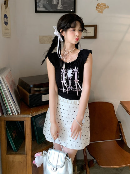 Top Tank Black Candlestick Print Lace Trim Bittersweet