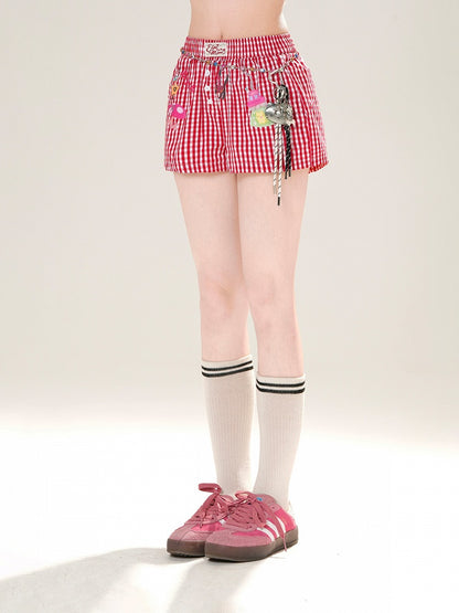 Red Plaid Straight-Leg Casual Shorts