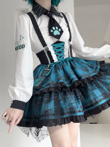 Overall Punk and Lace-up Waist Black Plaid Detail Corset Lolita Dress Green
