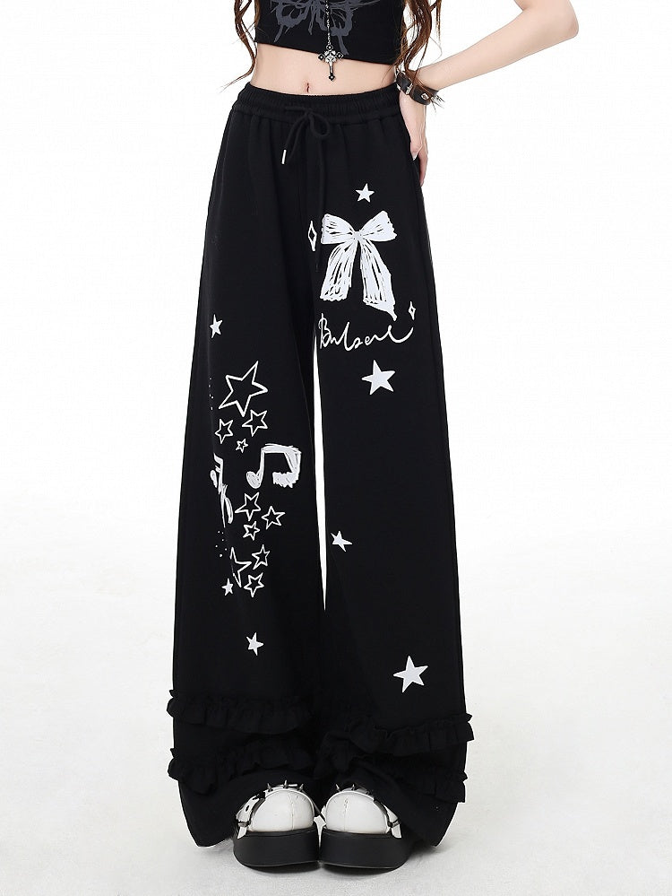 Wide-Leg Pants Black/Light Gray Bow and Star Print Vintage