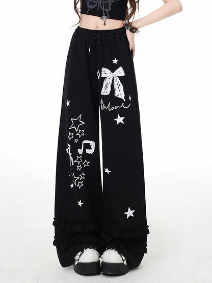 Wide-Leg Pants Black/Light Gray Bow and Star Print Vintage