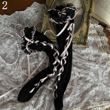Straps Striped Stockings/Pink Underknee Socks/Leg Self-tie Lace Black Lace-up Overknee Pink Stockings/Black Loop