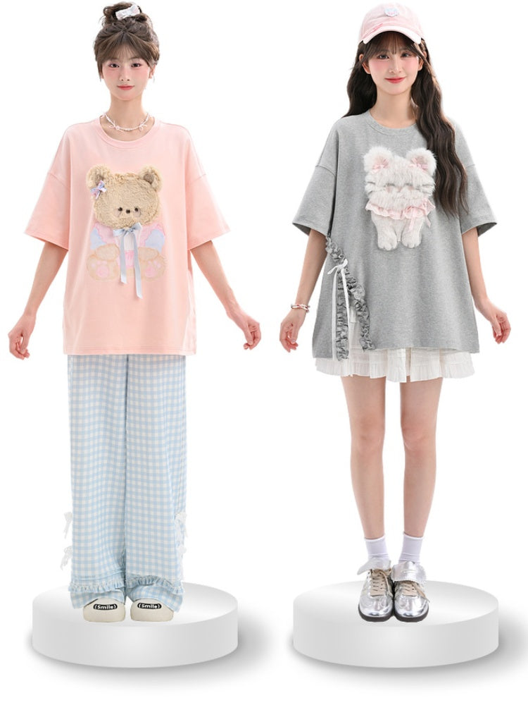 Pink/Gray Round Neck Plush Kitty/Bear T-Shirt