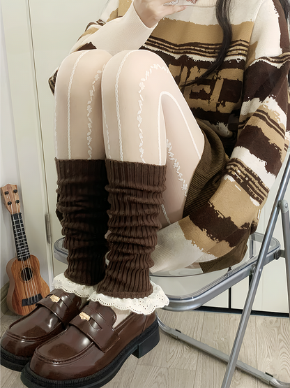 Coffee Sweet Lace Trim Knitted Leg Warmers
