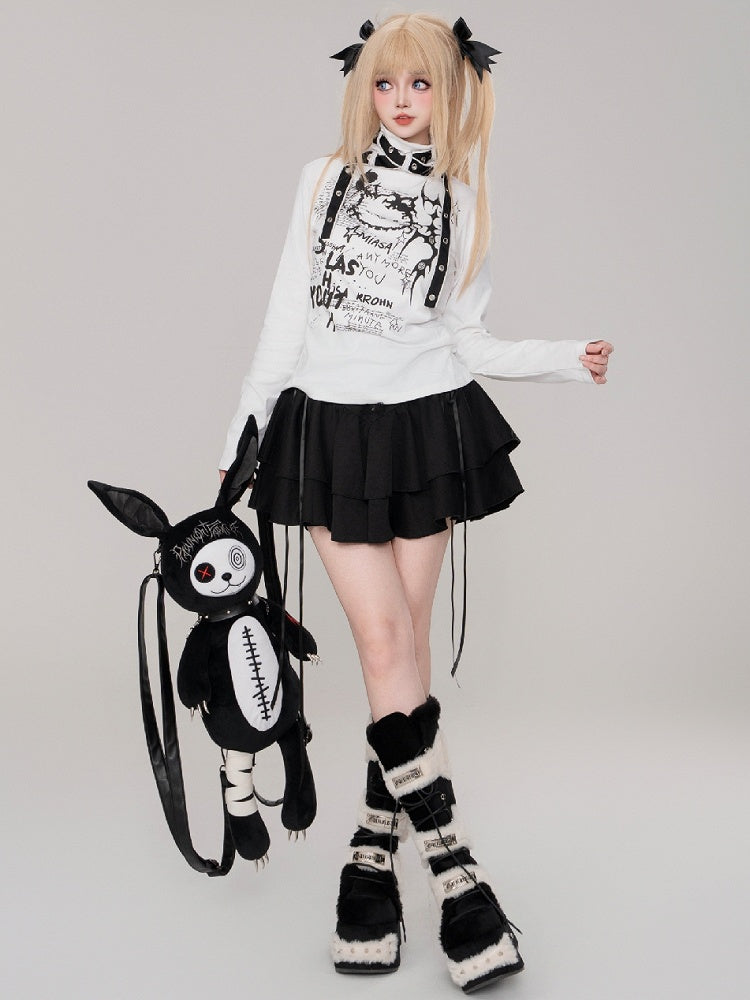 Jirai Kei Black/White Kitty Strap Details High Neck Top